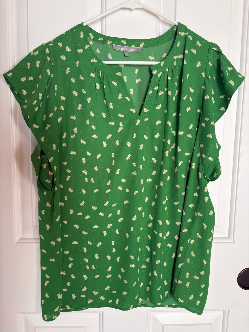Daniel Rainn Green Daisy-Print Short Sleeve Top, Size L